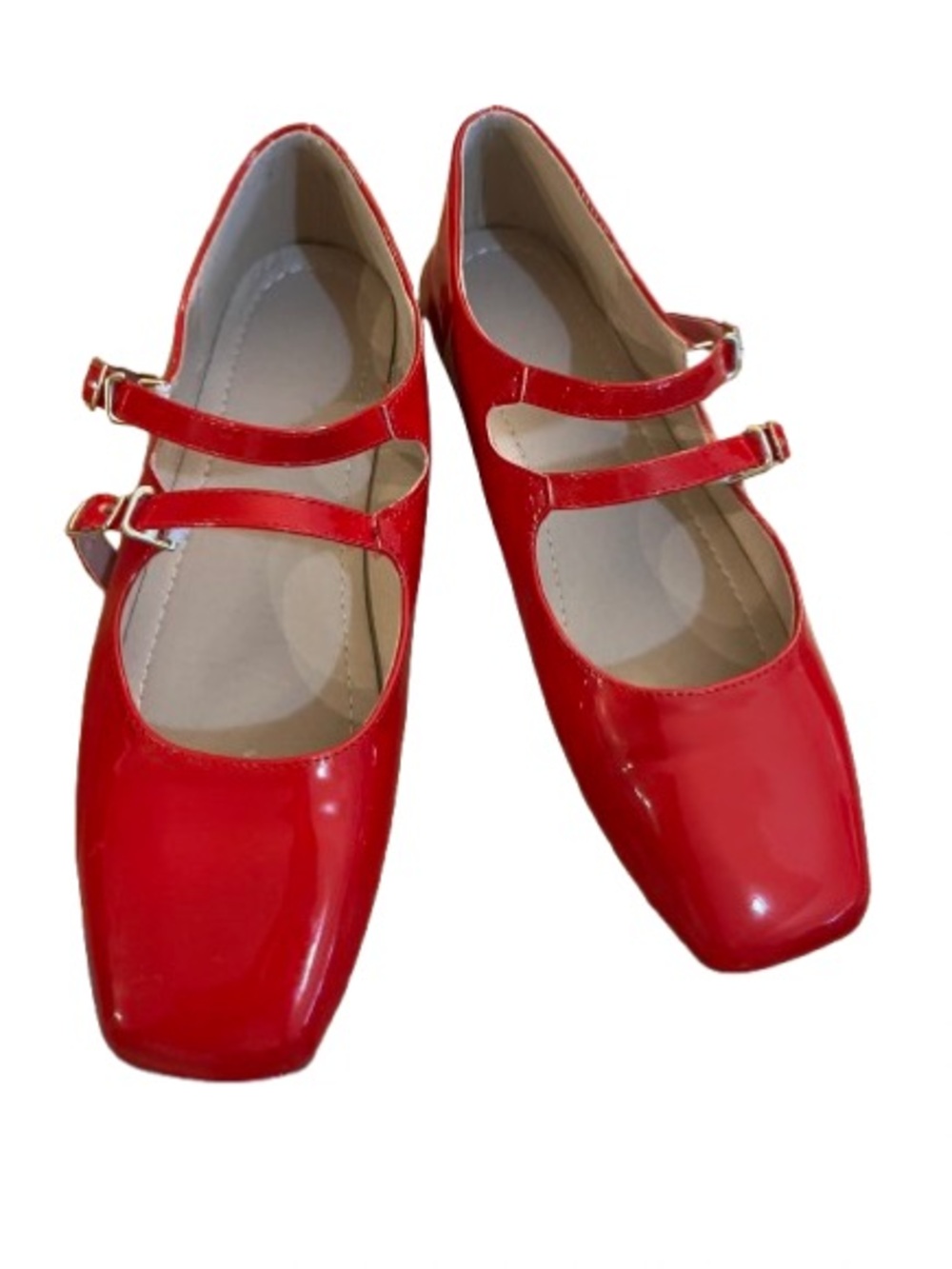 Red Patent Mary Jane Flats with Double Straps Sz 8.5 Square Toe Vibrant Shiny